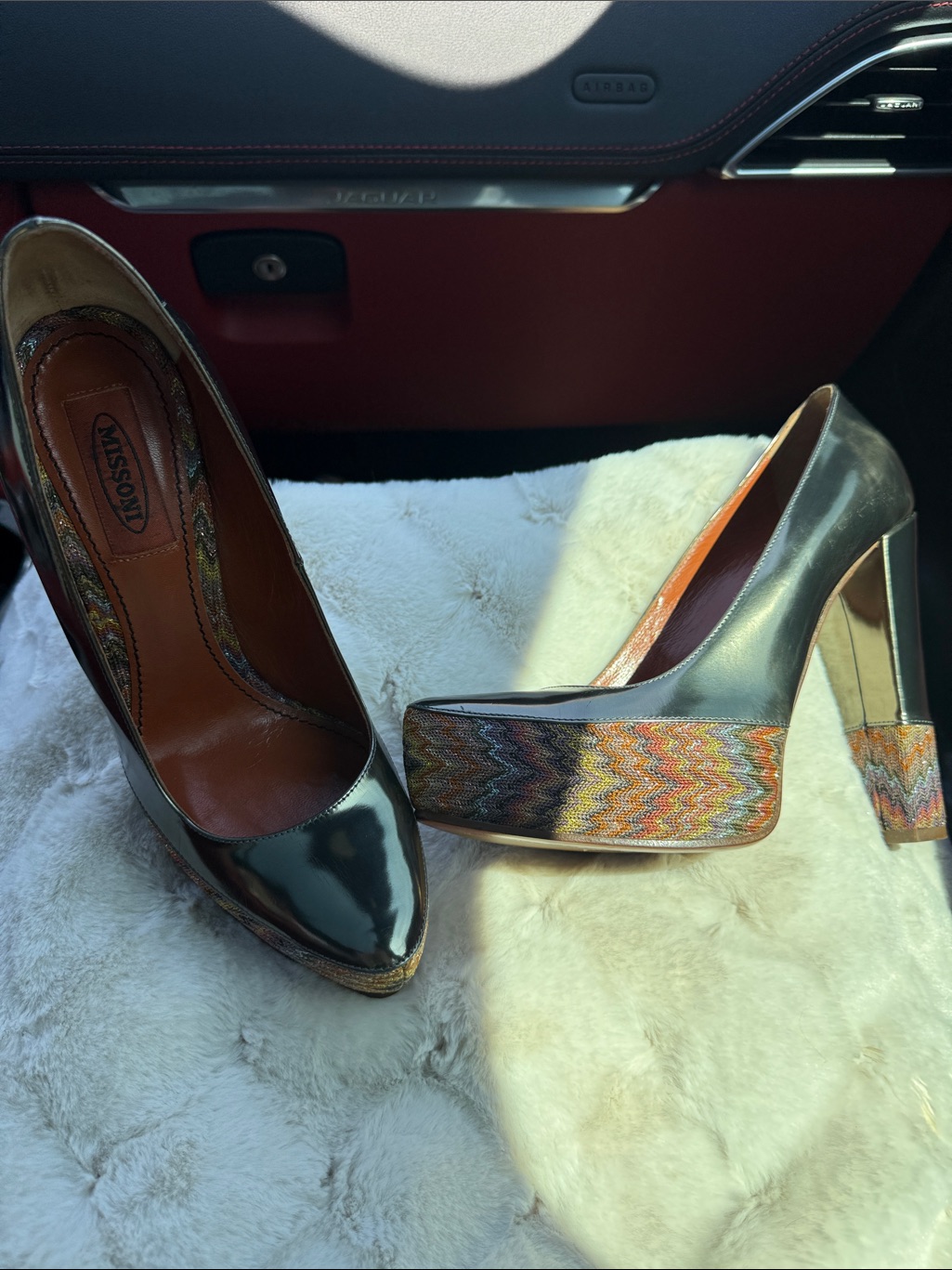 Missoni Metallic Gray Platform Pumps With Multicolor Chevron Trim 2014